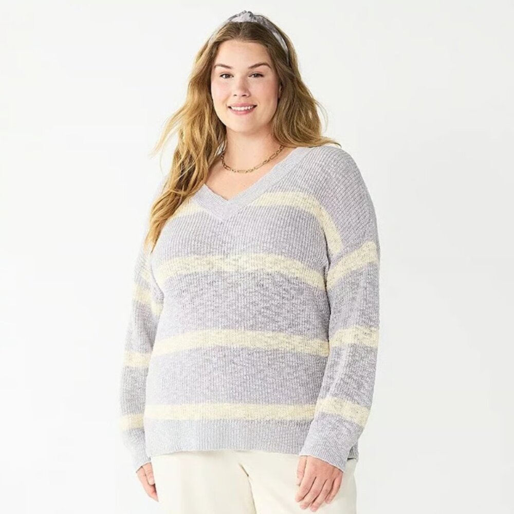 Sonoma Goods For Life Women's Striped V-Neck Sweater 0X